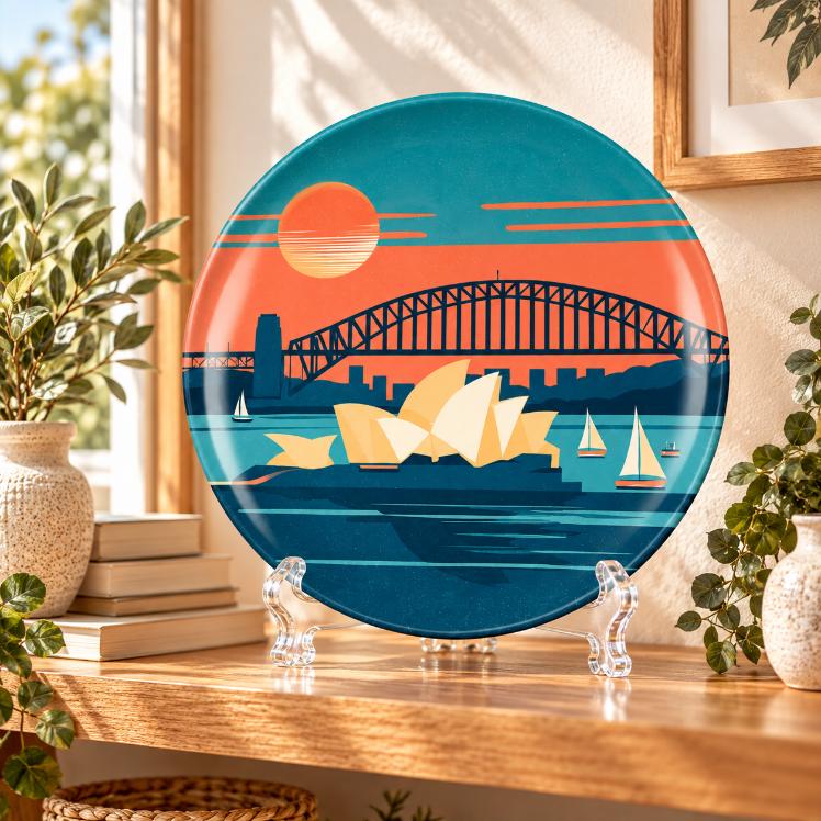 Sydney Harbour Sunset Icons Wall Plate on a tabletop stand