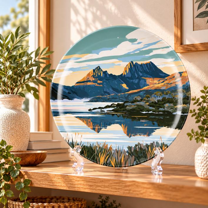Alpine Peaks & Mirror Lake Wall Plate on a tabletop stand