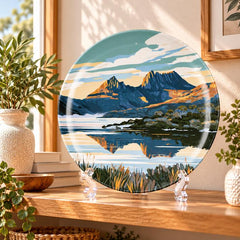 Alpine Peaks & Mirror Lake Wall Plate on a tabletop stand