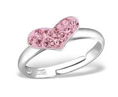 Kids adjustable 925 sterling silver heart ring with light rose pink crystal detailing, polished open band and 9 x 5 mm design, available in Australia.
