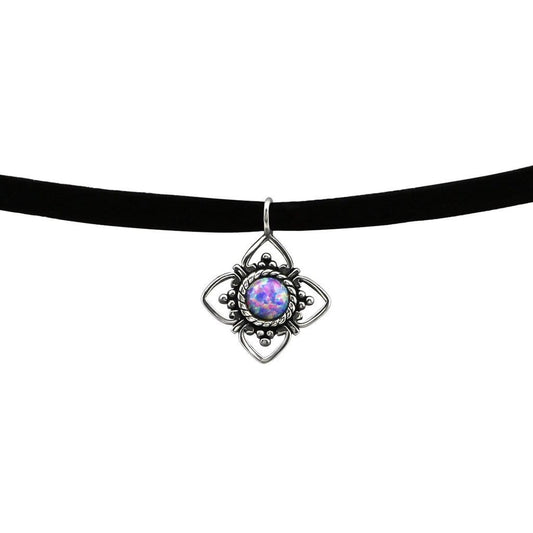 Silver Oxidised Flower Opal Choker  Necklace