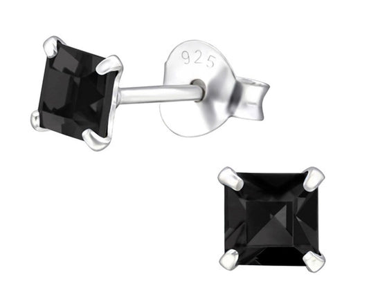 Sterling Silver Square Jet Stud Earrings Made With Swarovski Crystal