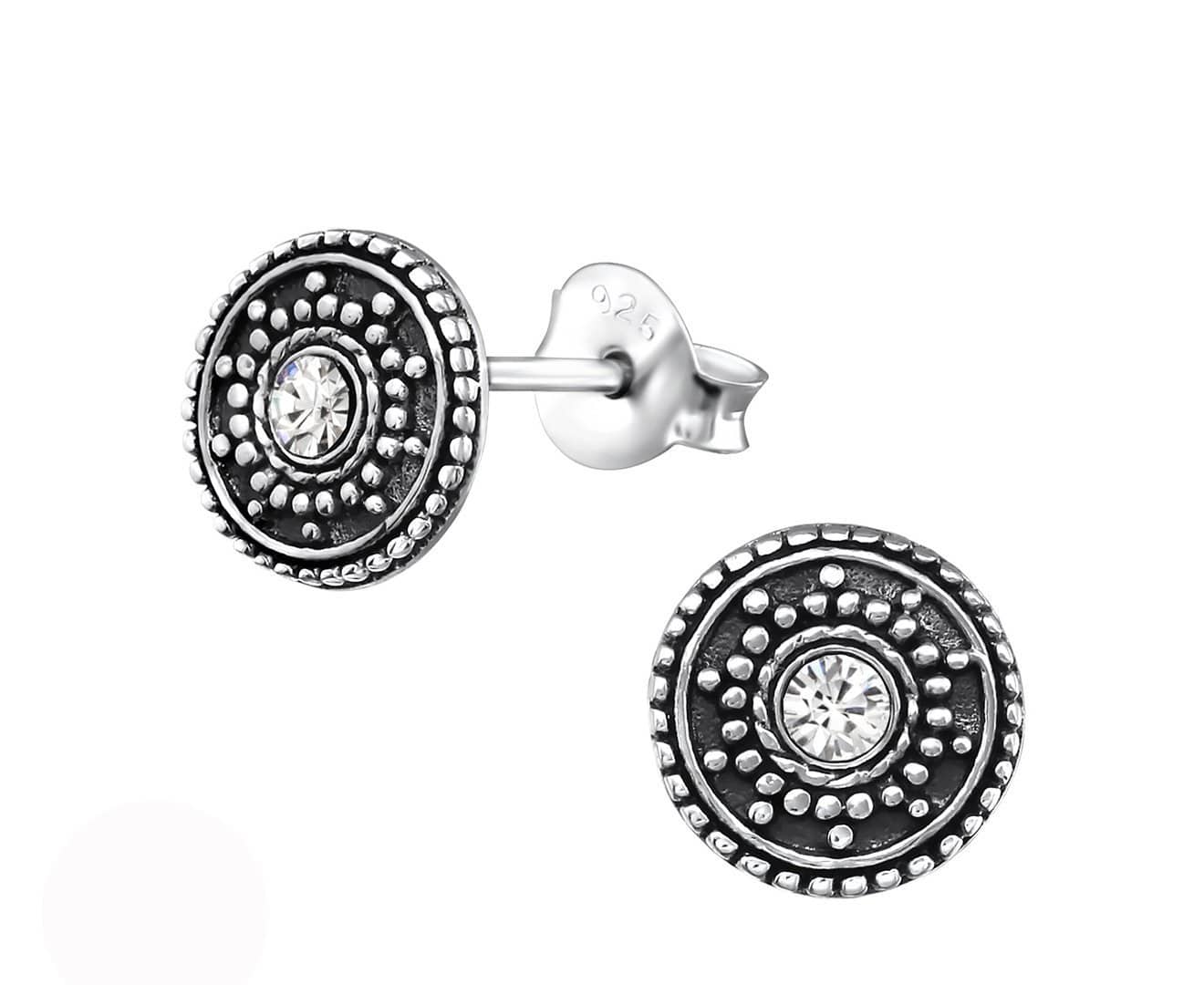 Sterling Silver Round Antique Stud Earrings Made With Swarovski Crystal