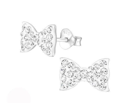 Sterling Silver Kids Bow Stud Earrings Made With Swarovski Crystal