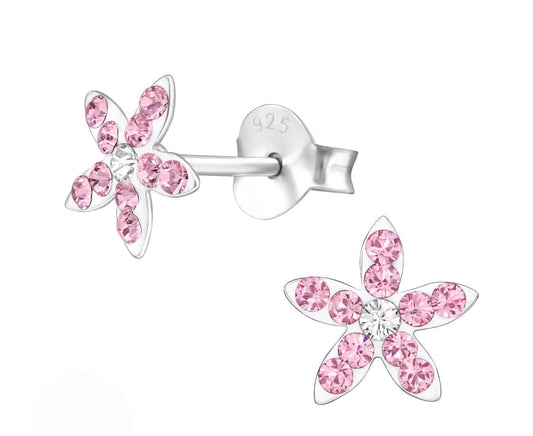 Sterling Silver Kids Pink Flower Stud Earrings Made With Swarovski Crystal