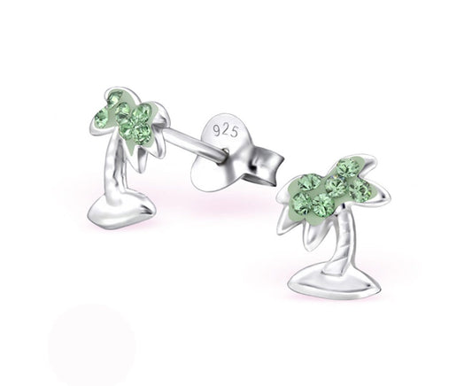 Sterling Silver Kids Plam Tree Stud Earrings Made With Swarovski Crystal