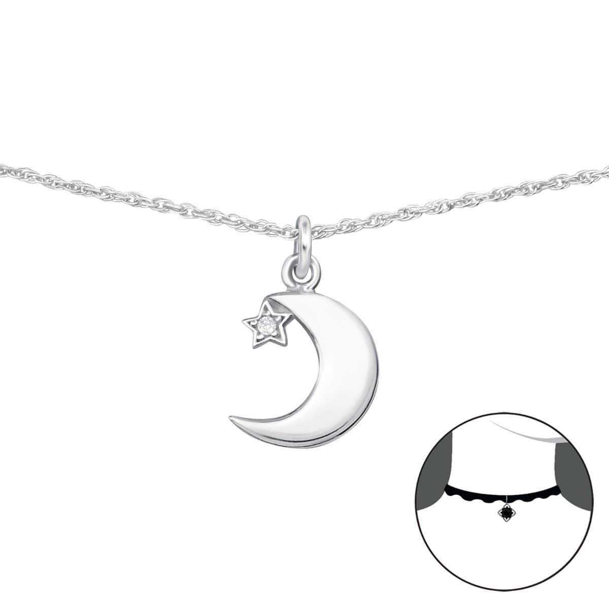 Silver Moon and Star Choker with Cubic Zirconia