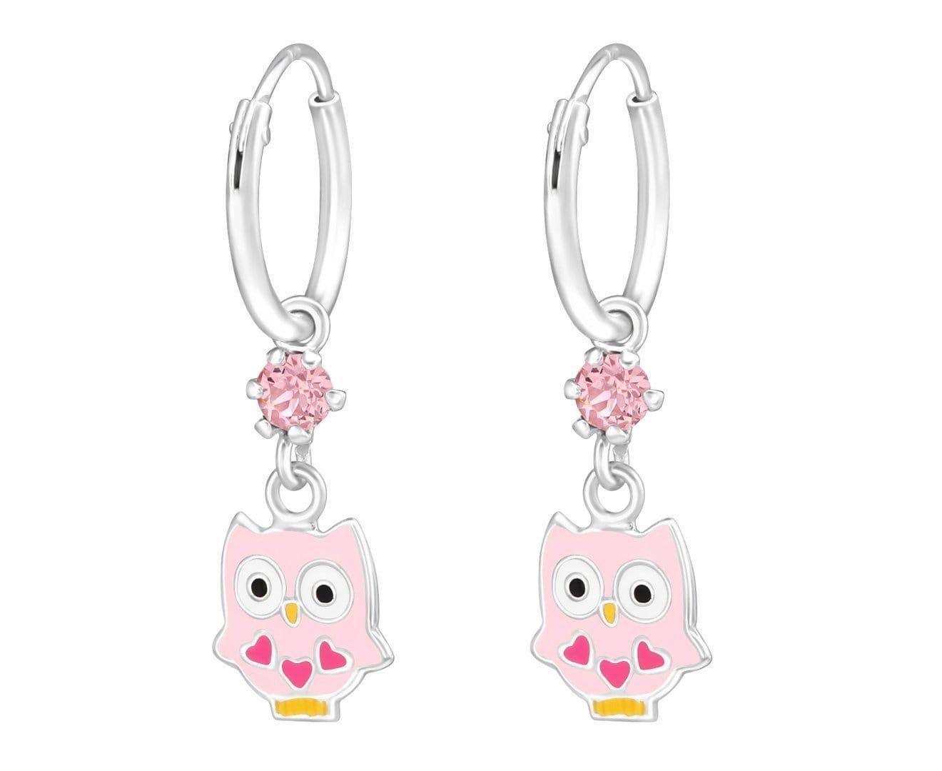 Sterling Silver Kids pink Owl hoop earring Made With Swarovski Crystal