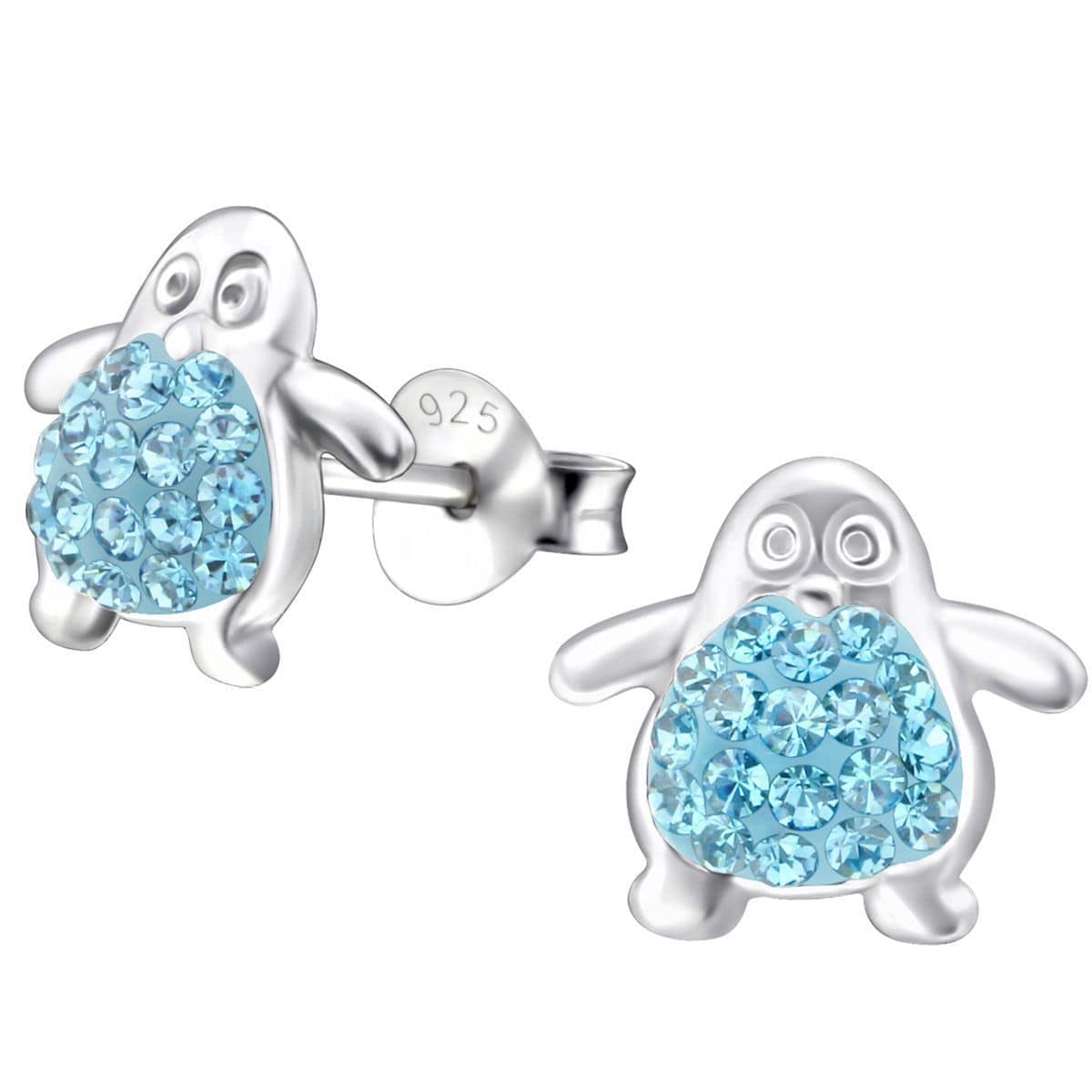 Sterling Silver Kids Penguin Stud earrings Made with Swarovski Crystal-Aquamarine