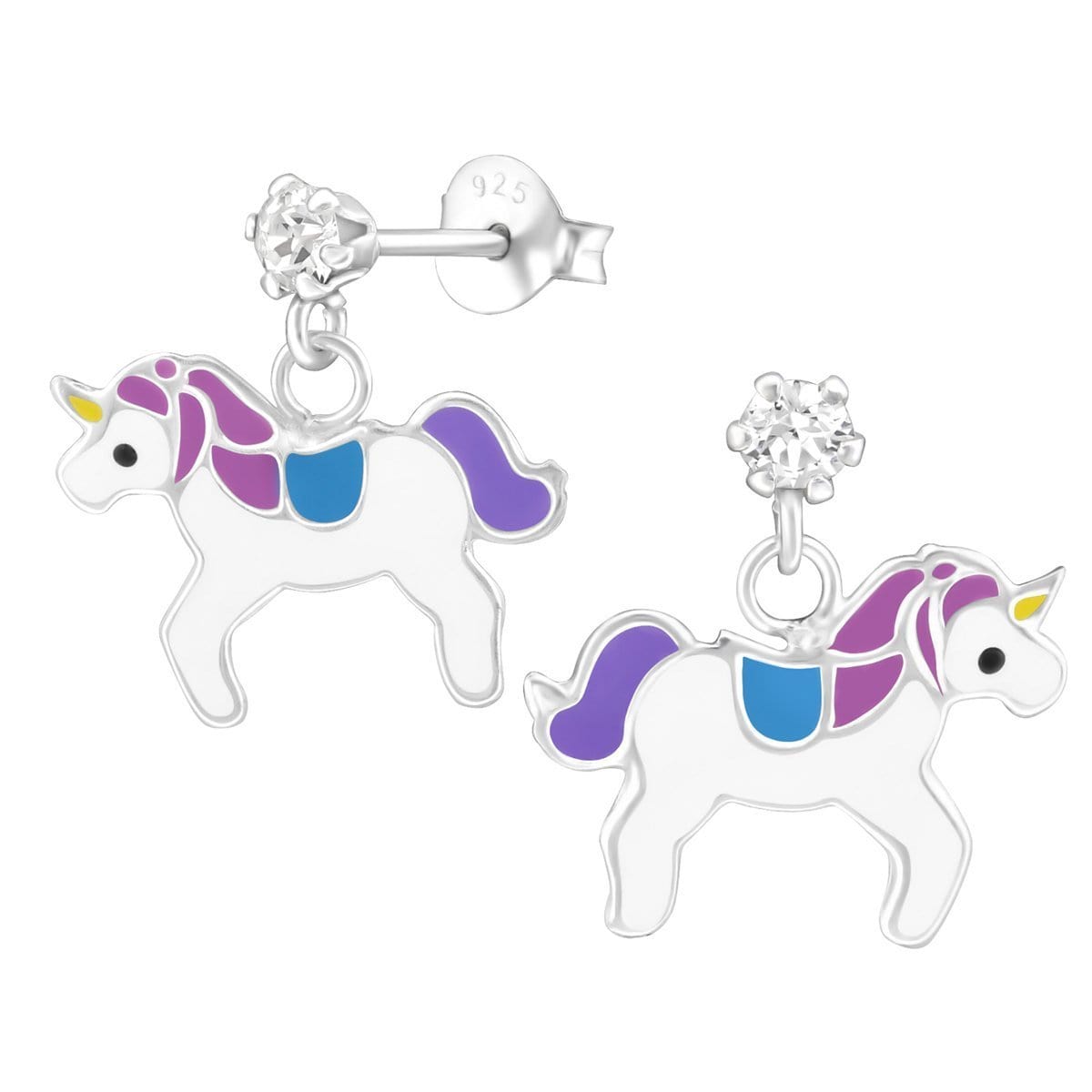 Sterling Silver Kids Hanging Unicorn Stud earrings Made with Swarovski Crystal
