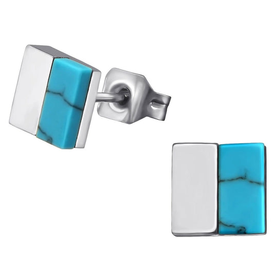 Stainless Steel Square Turquoise Stud Earrings