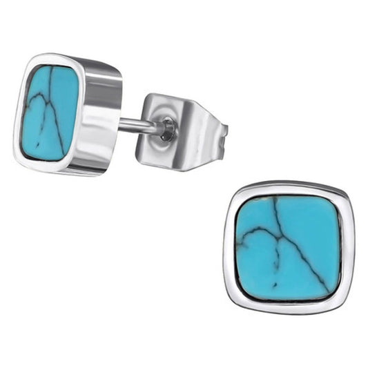 Stainless Steel Square Turquoise Stud Earrings