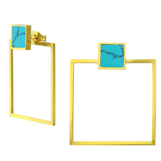 Stainless Steel Square Turquoise Gold Stud Earrings