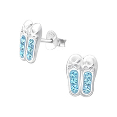 Kids 925 sterling silver ballerina shoe stud earrings with 12 light pink crystals, butterfly backs and a compact 7 x 9 mm design in Australia.