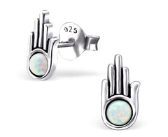 Silver Hamsa Stud Earrings With Opals