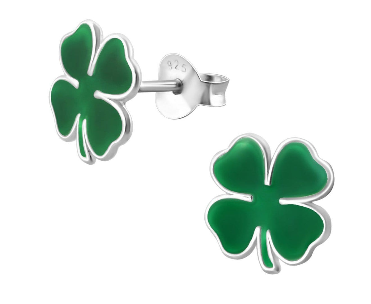 Kids 925 sterling silver four-leaf clover stud earrings with dark green detailing, butterfly backs and a compact 9 mm lucky design in Australia.