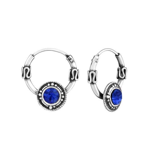 Silver Sapphire Bali Hoop Earrings