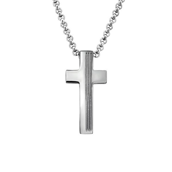 Polished stainless steel cross pendant necklace with a modern grooved centre, 15 x 30 mm pendant and 50 cm chain, available in Australia.