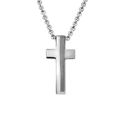 Polished stainless steel cross pendant necklace with a modern grooved centre, 15 x 30 mm pendant and 50 cm chain, available in Australia.