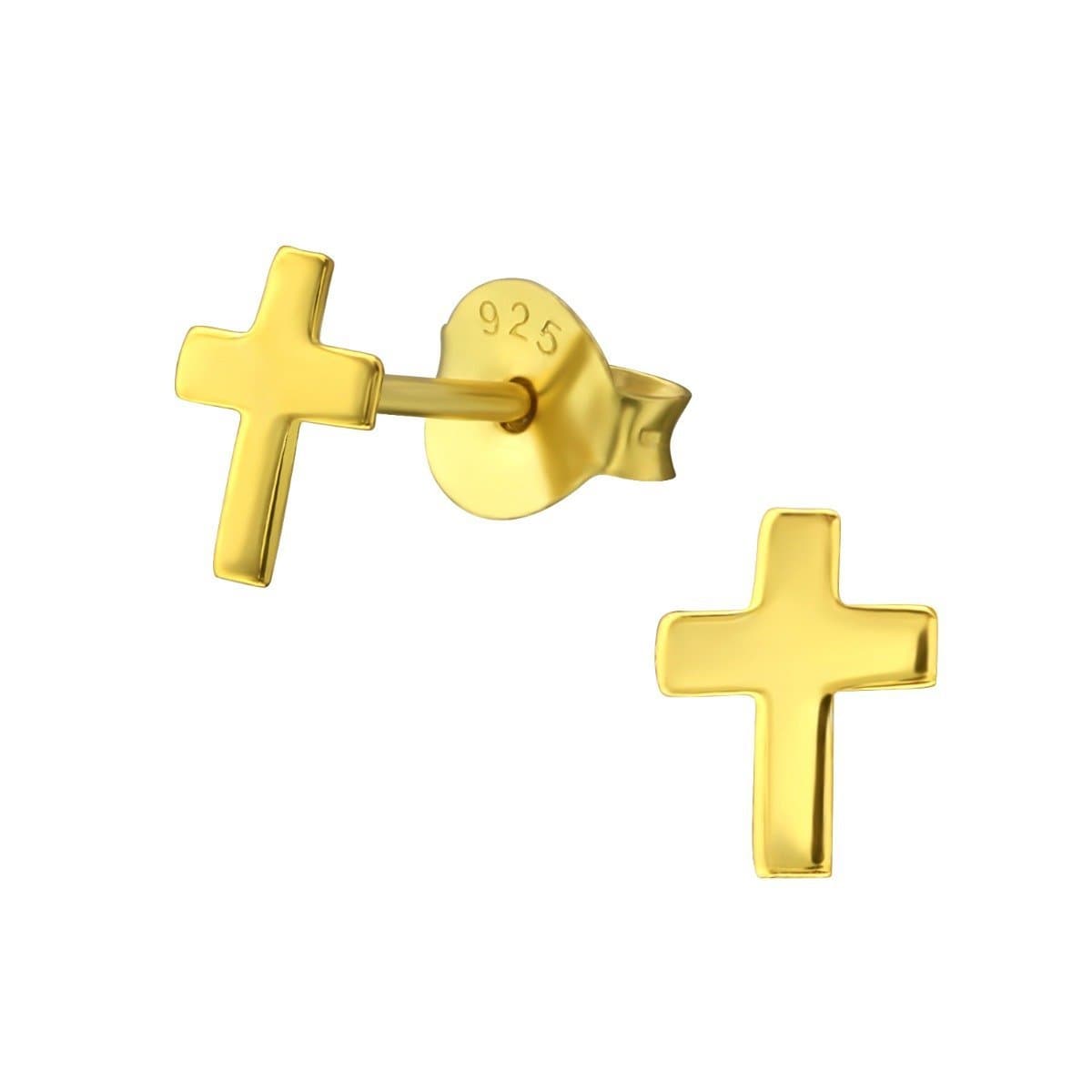 14K gold-plated 925 sterling silver cross stud earrings with a polished 5 x 6 mm design and butterfly backs, available in Australia.