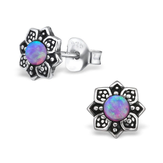 Sterling Silver Flower Opal Stud Earrings