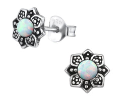 Sterling Silver Flower Opal Stud Earrings