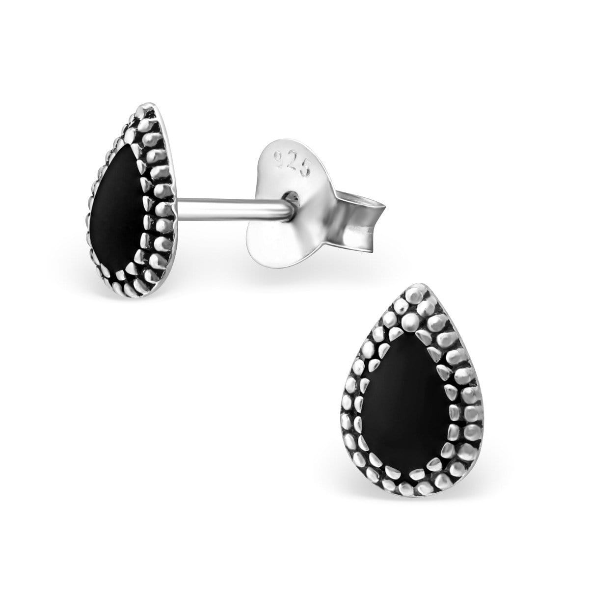 Silver Teardrop Stud Earrings Black