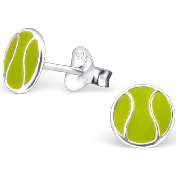 Kids 925 sterling silver tennis ball stud earrings with bright green detailing, butterfly backs and a compact 6 mm design, available in Australia.