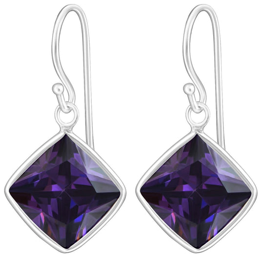 Sterling Silver Cubic Zirconia silver Square earrings -Amethyst