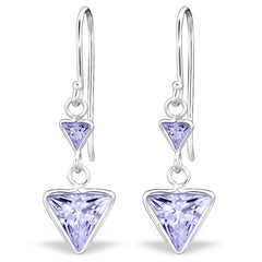 Sterling Silver Cubic Zirconia Long Triangle earrings - Amethyst, Garnet, Crystal, lavender  & Pink