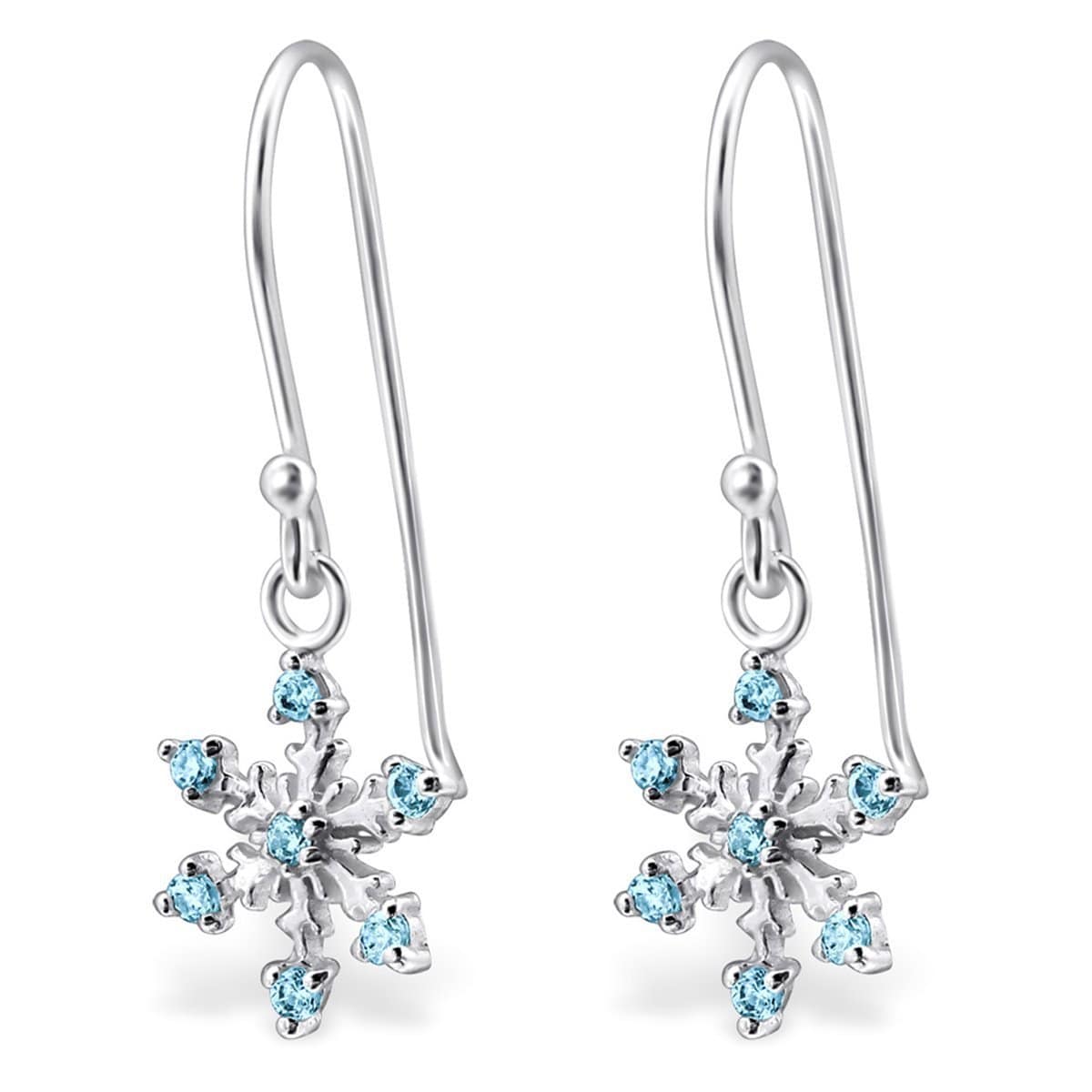 Sterling Siver Snowflake Hanging earrings with CZ Aqua