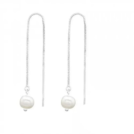 Silver Fresh Water Pearl Long Thread Earrings