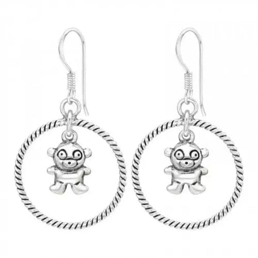 Silver Bear Dangle Hoops Earrings