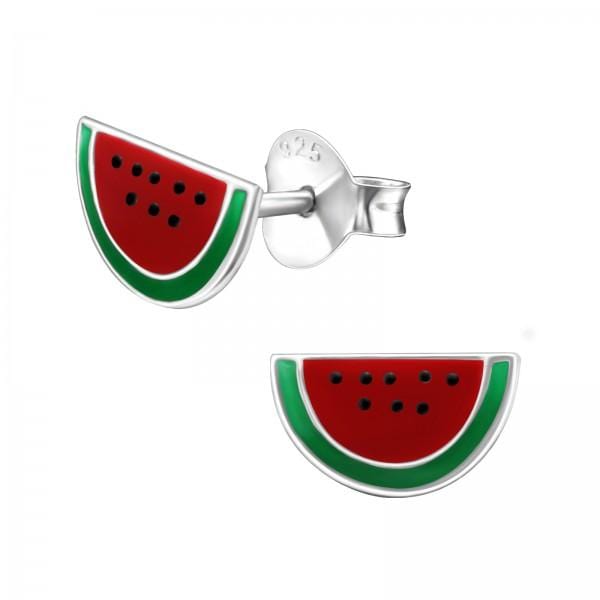 Kids 925 sterling silver watermelon stud earrings with red, green and black detailing, butterfly backs and a compact 9 x 5 mm design in Australia.