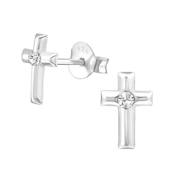 Silver Cross Ear Studs with Crystal