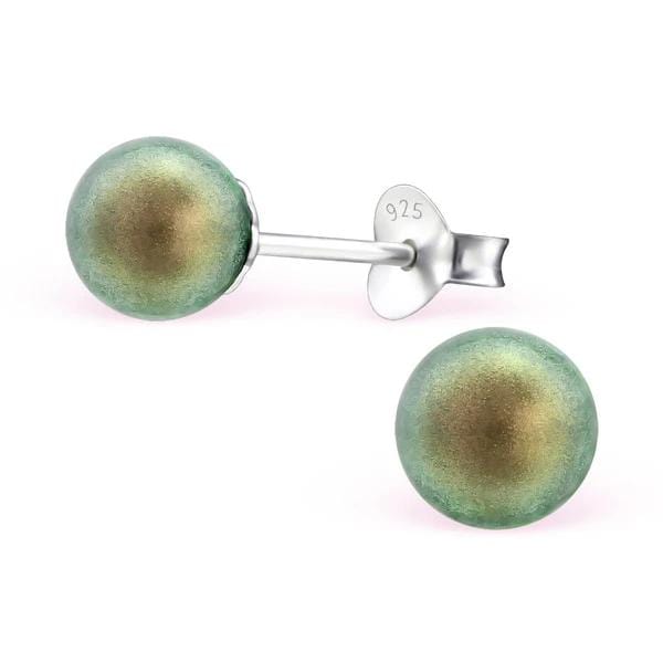 Sterling silver stud earrings with genuine 6 mm iridescent green pearls, polished posts and butterfly backs, gift boxed in Australia.