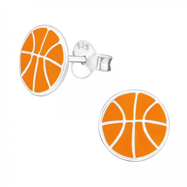 Kids sterling silver basketball stud earrings in orange, white and silver, 8 mm x 8 mm sports jewellery for children in Australia.