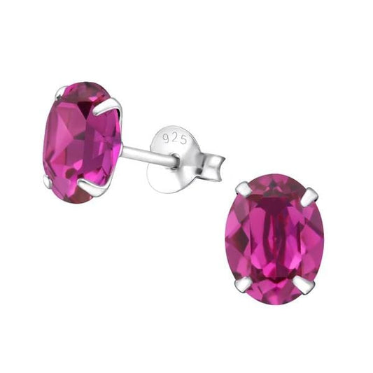 Silver Fuchsia Oval Stud Earrings With Swarovski Crystal