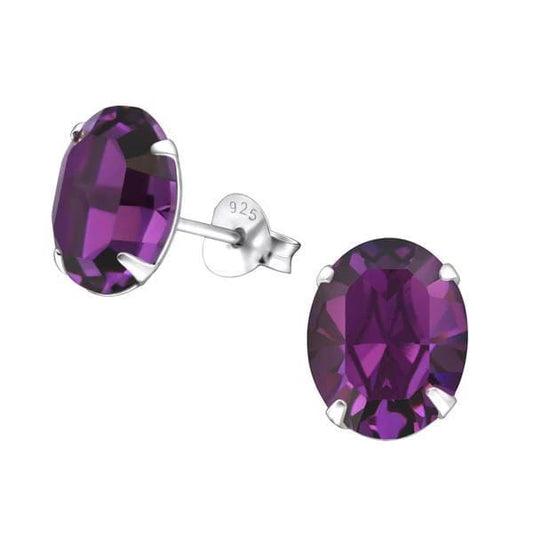 Silver Amethyst Oval Stud Earrings with Swarovski Crystal