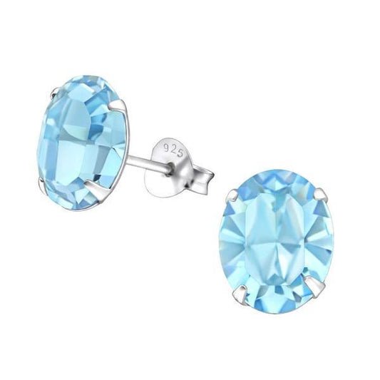 Silver Aquamarine Oval Stud Earrings with Swarovski Crystal