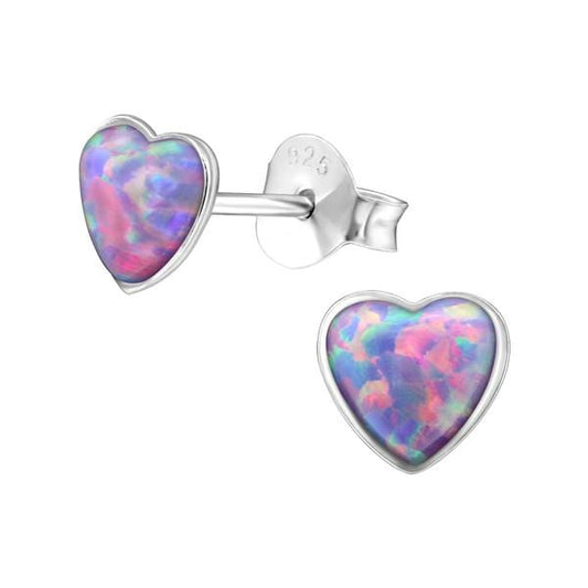 Sterling Silver Heart Opal Ear Studs Multi Lavender	