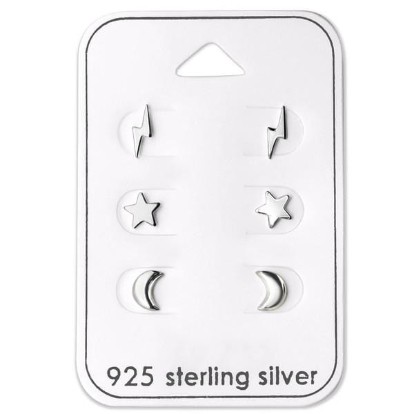 Silver Lightning Star and Moon Stud Earrings Set