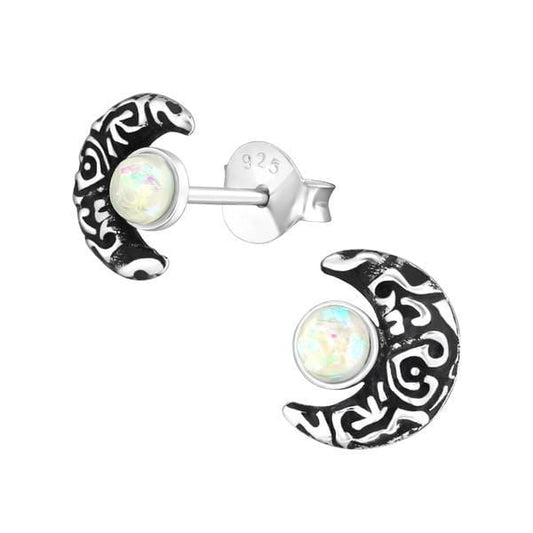 White Opal Moon Stud Earrings