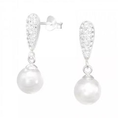Silver Geometric Hanging Pearl Stud Earrings