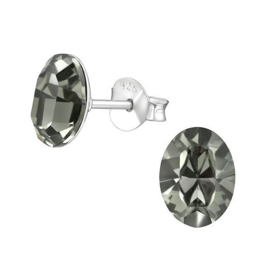 Silver Oval Black Diamond Stud Earrings  with Swarovksi Crystal