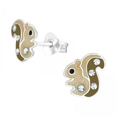 Kids Silver Crystal Squirrel Stud Earrings