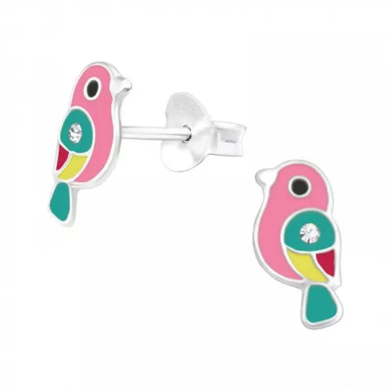 Kids sterling silver bird stud earrings with pink, turquoise, yellow, red and black details, clear crystal accents and a 5 x 10 mm design in Australia.