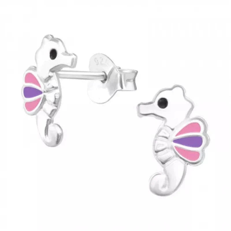 Kids 925 sterling silver seahorse stud earrings with light pink and purple epoxy fins, black eyes, butterfly backs and a 6 x 10 mm design in Australia.