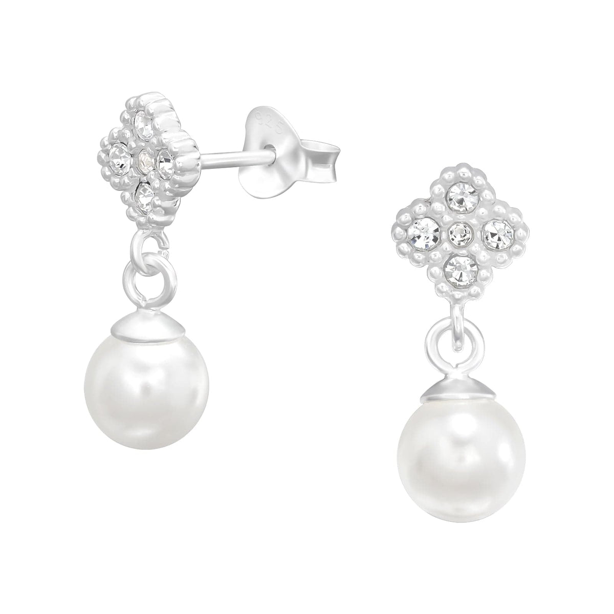 Silver Pearl Hanging Flower Stud Earrings