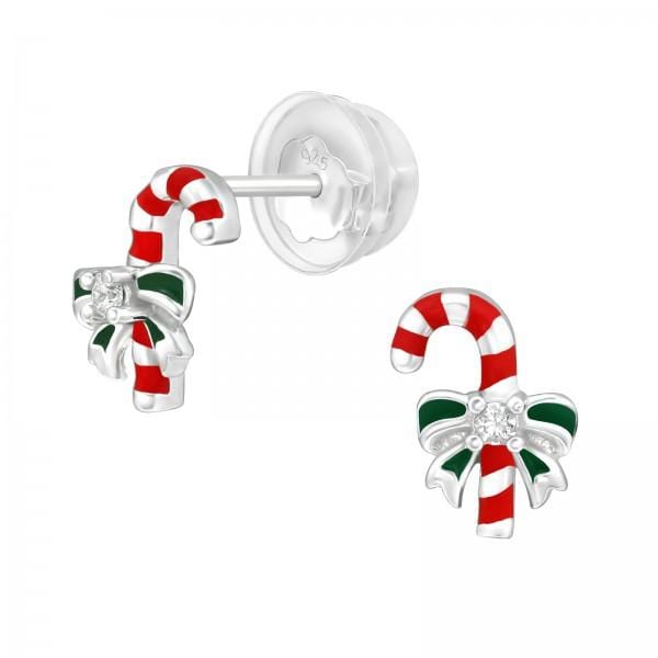 Kids sterling silver candy cane Christmas stud earrings with red and white stripes, green bows, clear cubic zirconia and a 6 x 9 mm design in Australia.